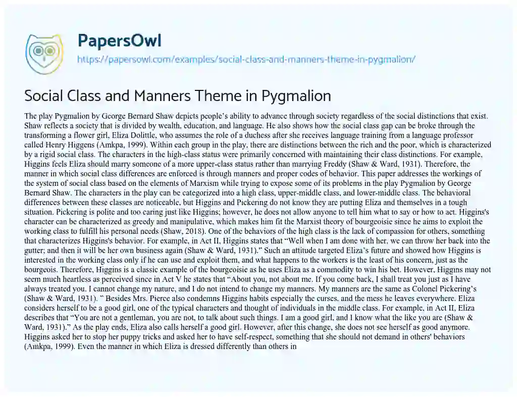 Essay on Social Class and Manners Theme in Pygmalion