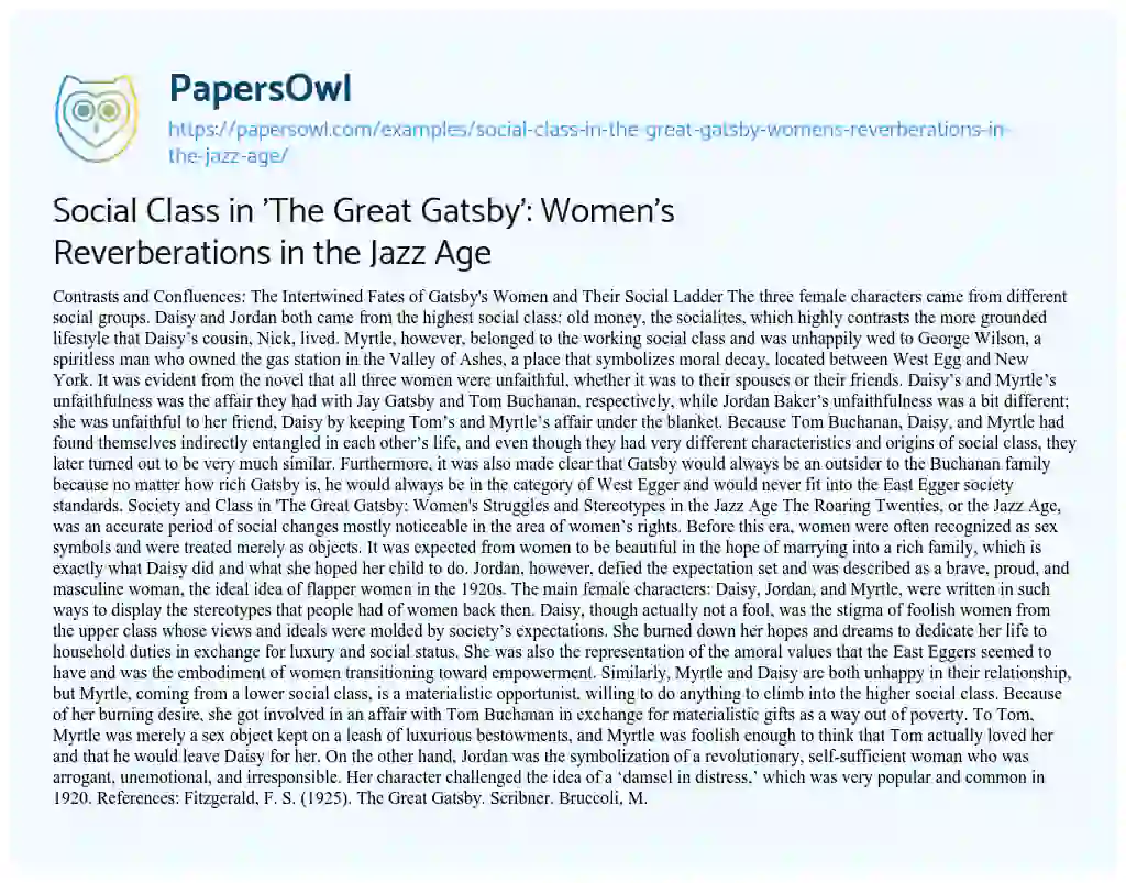 Essay on Social Class in ‘The Great Gatsby’: Women’s Reverberations in the Jazz Age