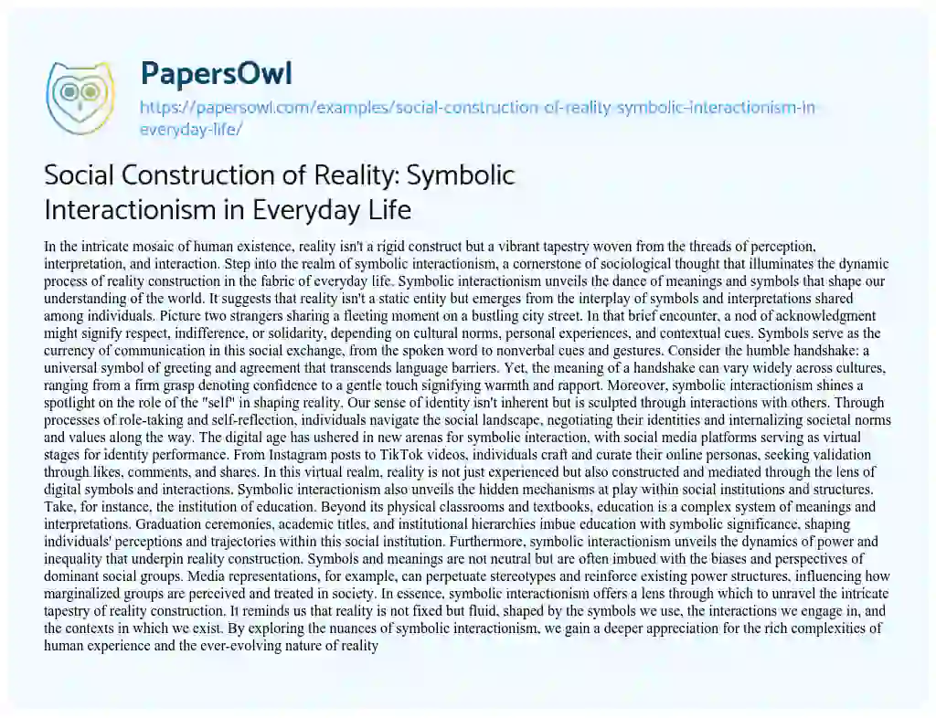 Essay on Social Construction of Reality: Symbolic Interactionism in Everyday Life