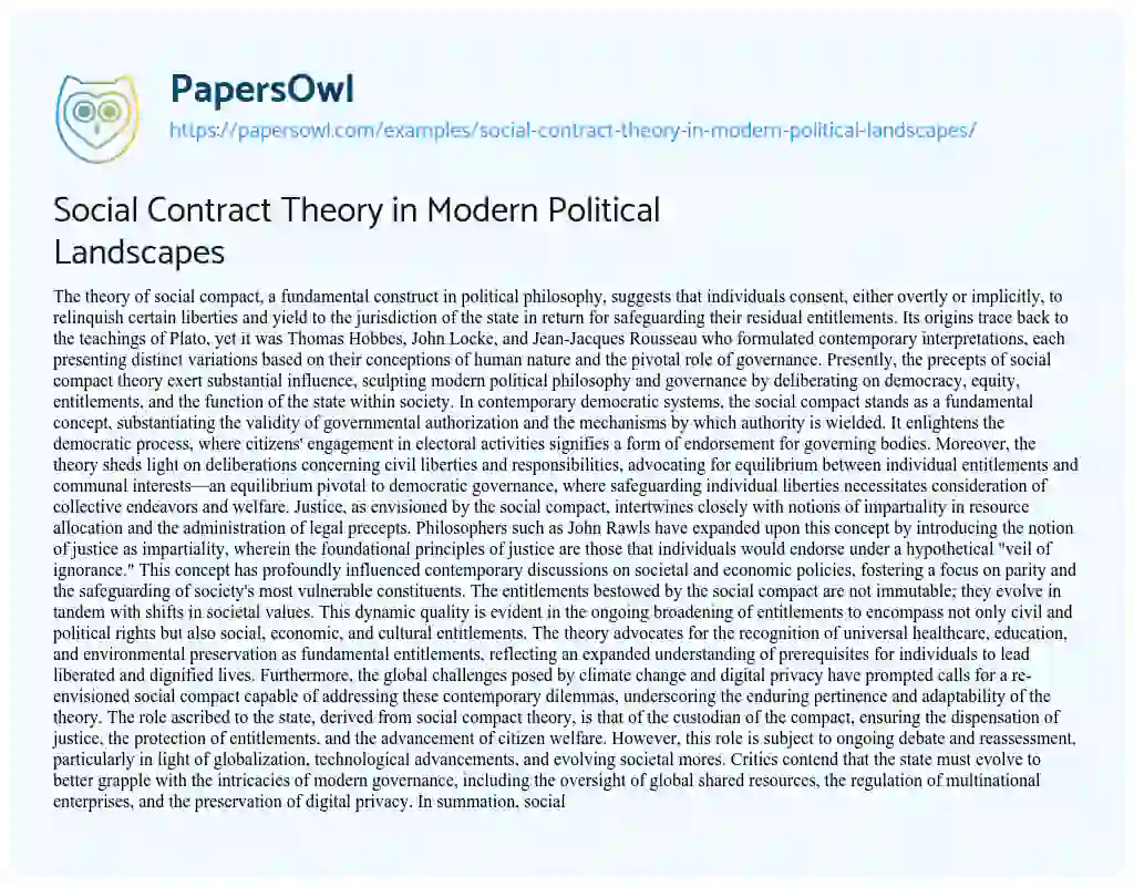 Essay on Social Contract Theory in Modern Political Landscapes