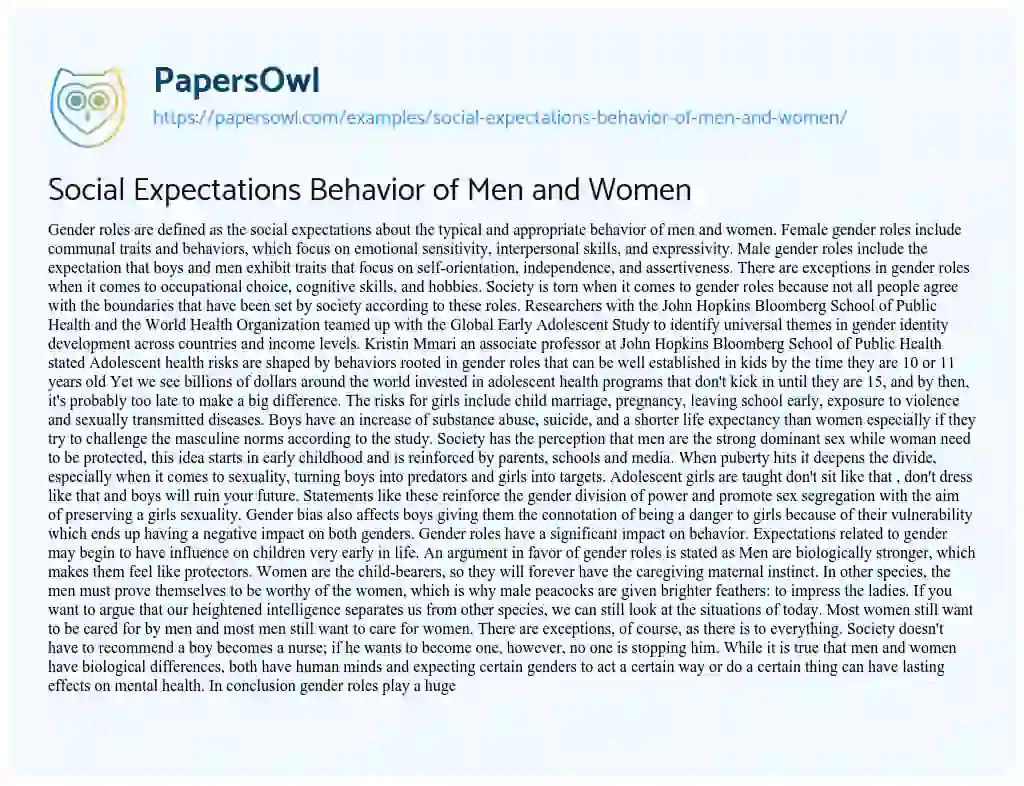 Social Expectations Behavior of Men and Women essay