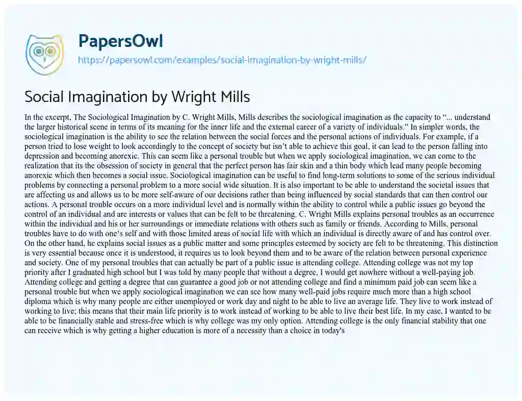 Essay on Social Imagination by Wright Mills