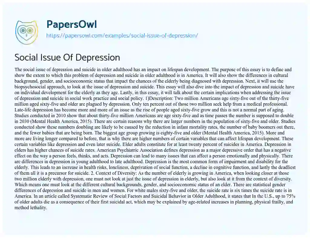 Essay on Social Issue of Depression