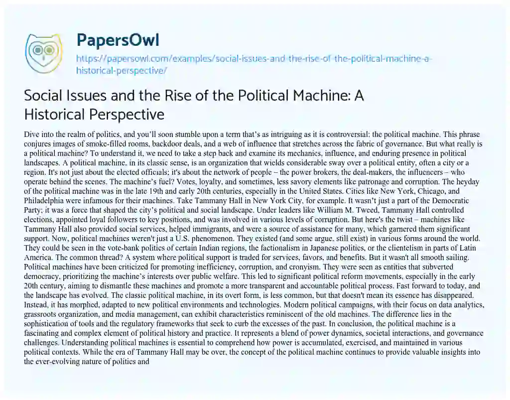Essay on Social Issues and the Rise of the Political Machine: a Historical Perspective