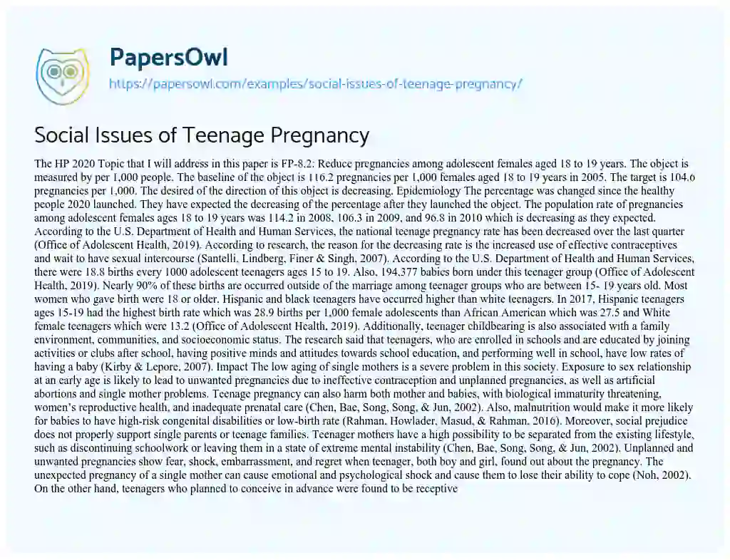 Essay on Social Issues of Teenage Pregnancy