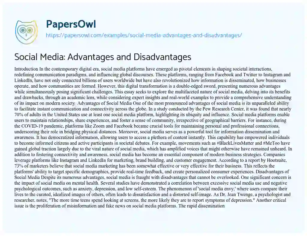 Essay on Social Media: Advantages and Disadvantages