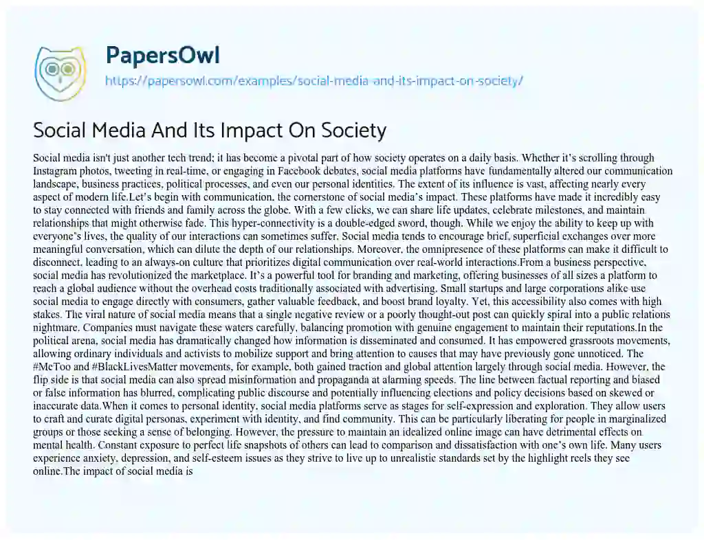 Essay on Social Media and its Impact on Society