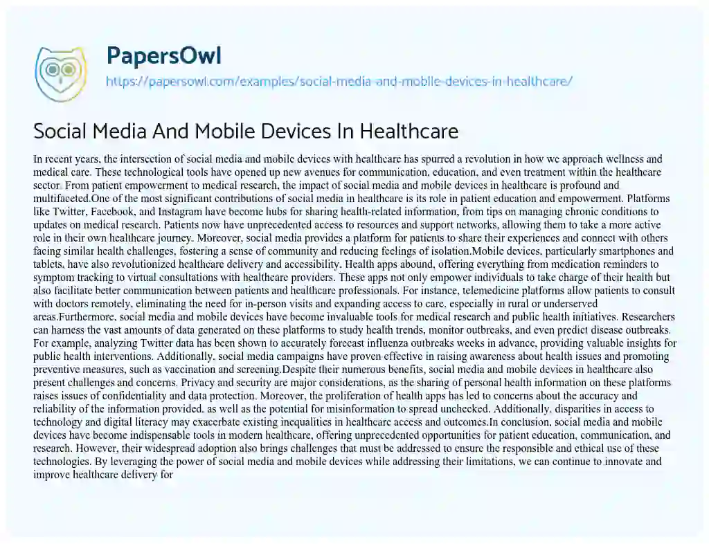 Essay on Social Media and Mobile Devices in Healthcare