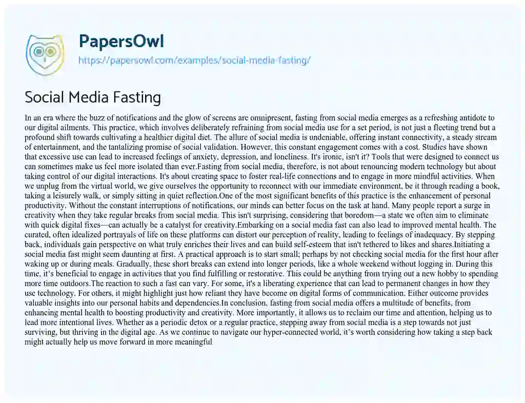 Essay on Social Media Fasting