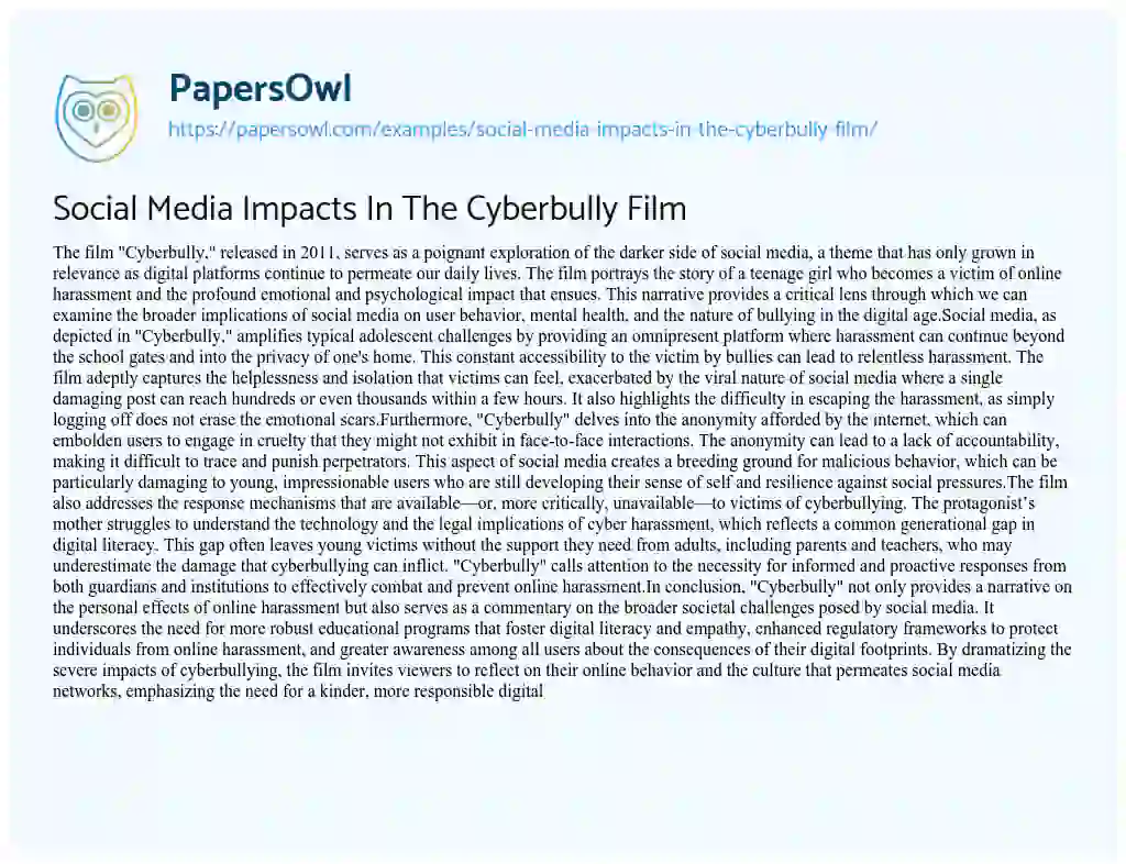 Essay on Social Media Impacts in the Cyberbully Film