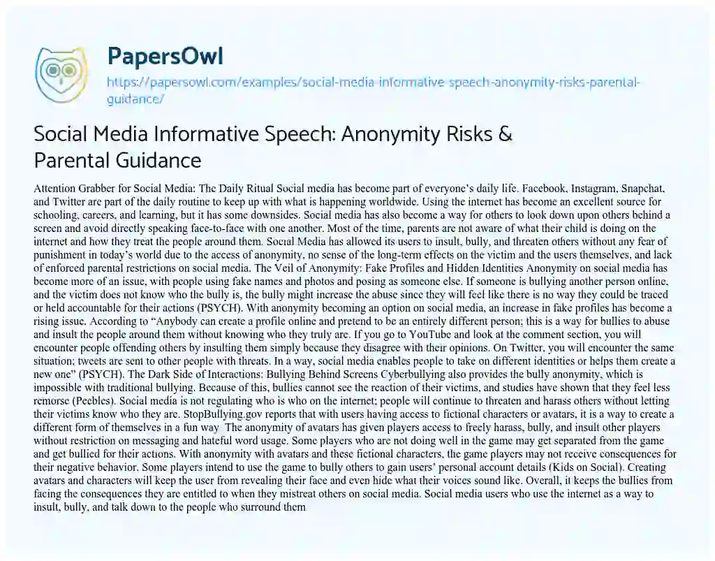 Essay on Social Media Informative Speech: Anonymity Risks & Parental Guidance