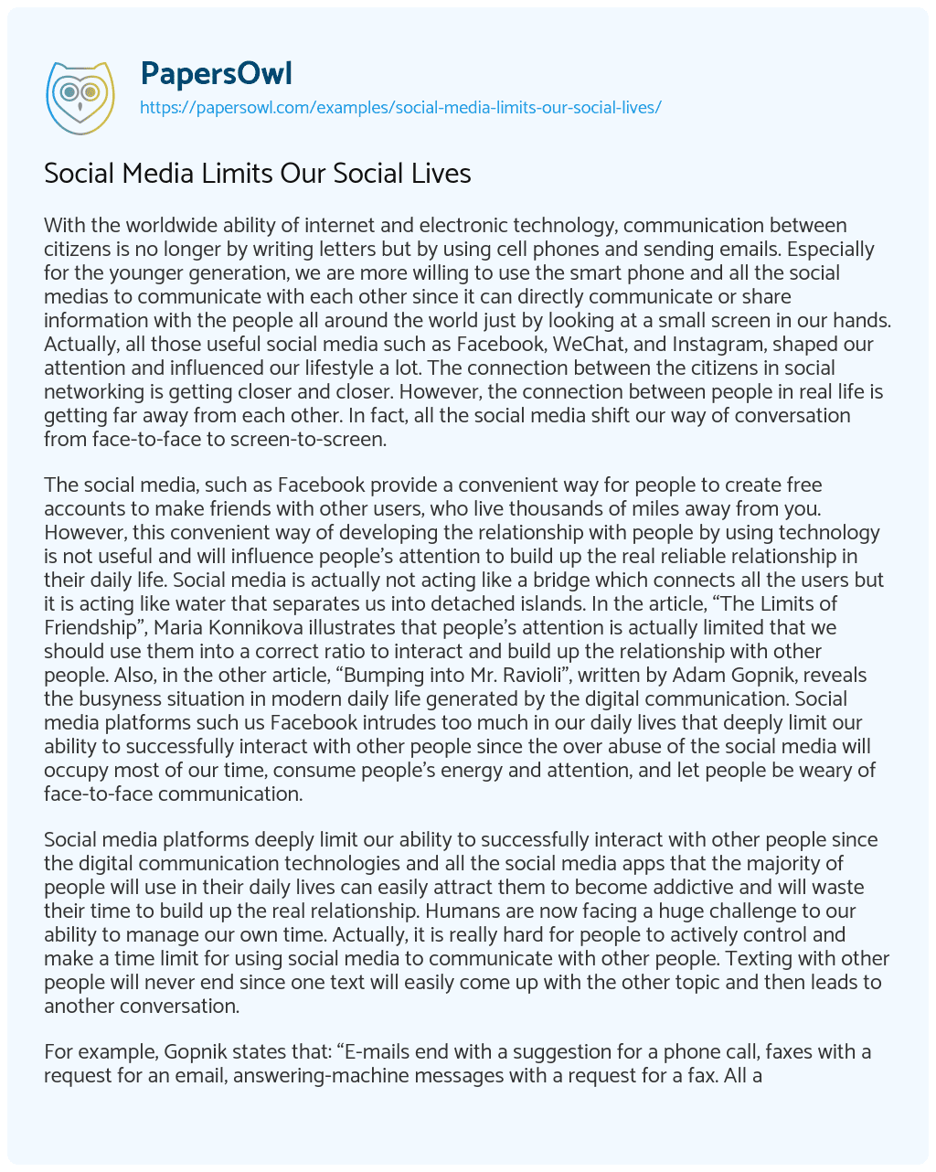 Essay on Social Media Limits our Social Lives