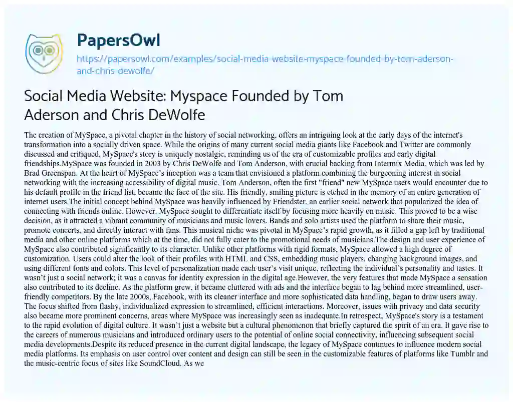 Essay on Social Media Website: Myspace Founded by Tom Aderson and Chris DeWolfe