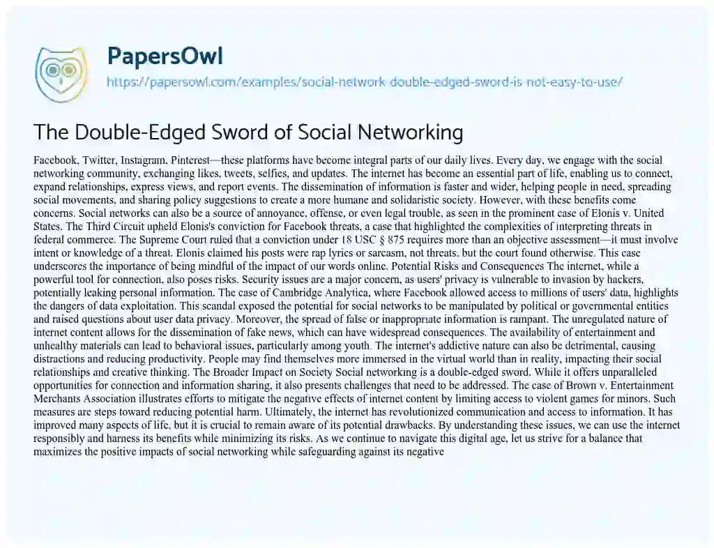 Essay on Social Network: ‘Double-Edged Sword’ is not Easy to Use