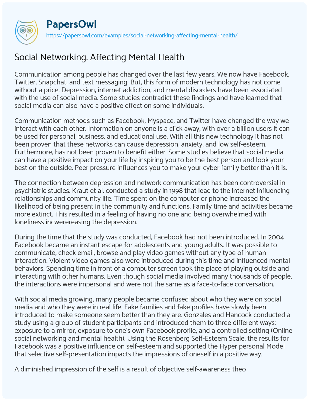 Essay on Social Networking. Affecting Mental Health