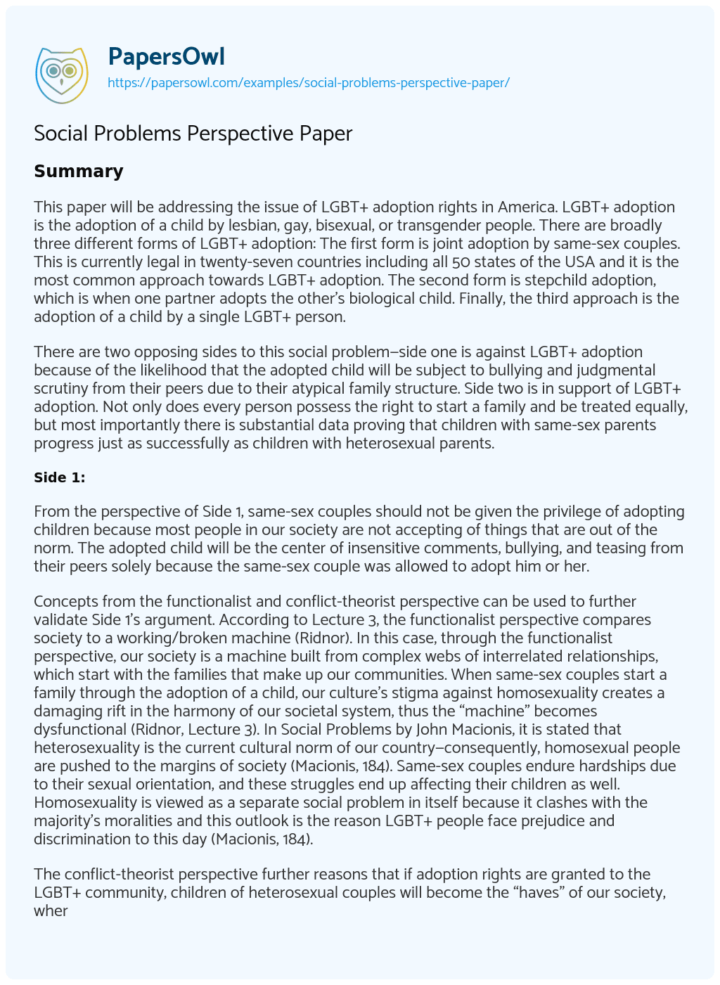 Social Problems Perspective Paper Social Problems Perspective Paper essay