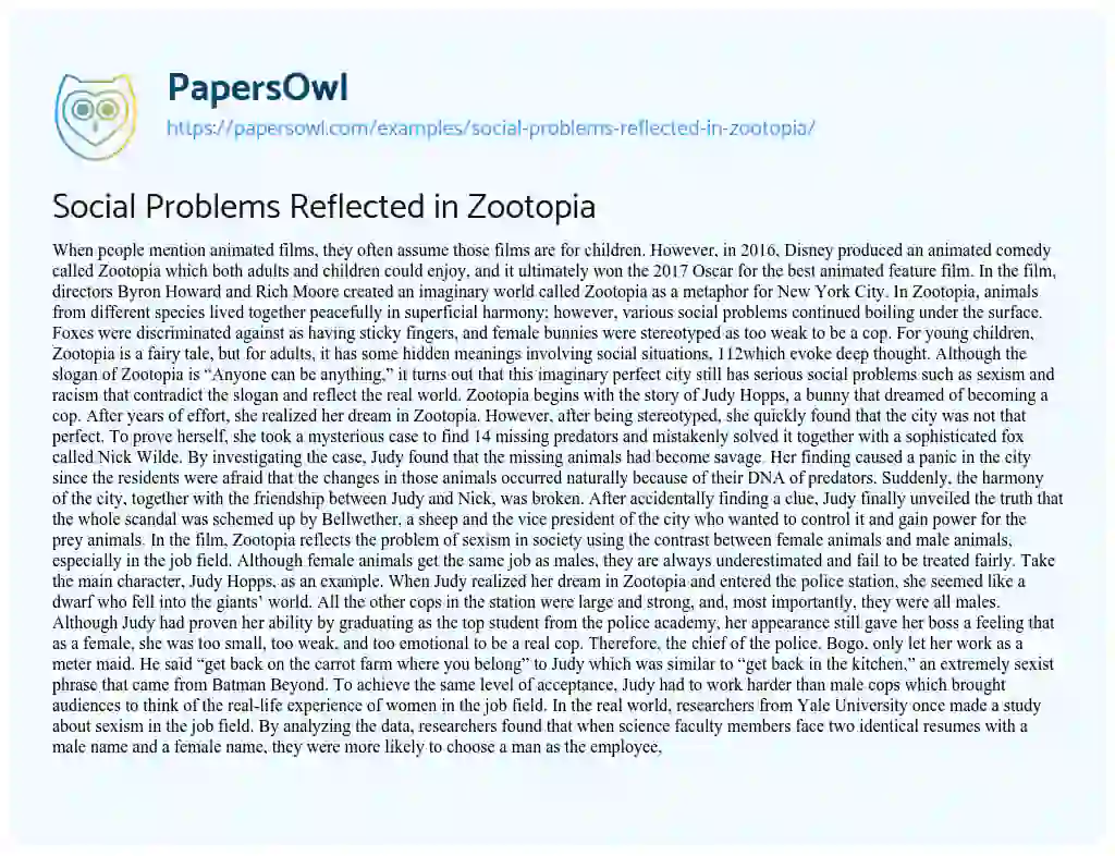 Social Problems Reflected in Zootopia essay