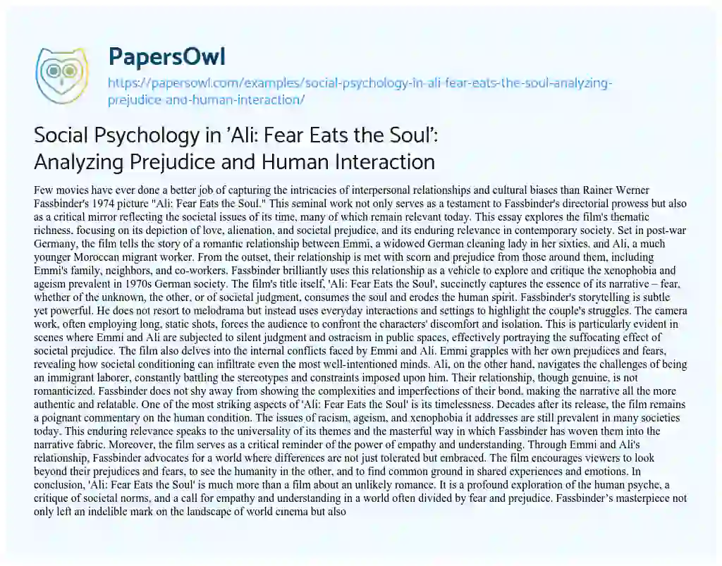 Essay on Social Psychology in ‘Ali: Fear Eats the Soul’: Analyzing Prejudice and Human Interaction
