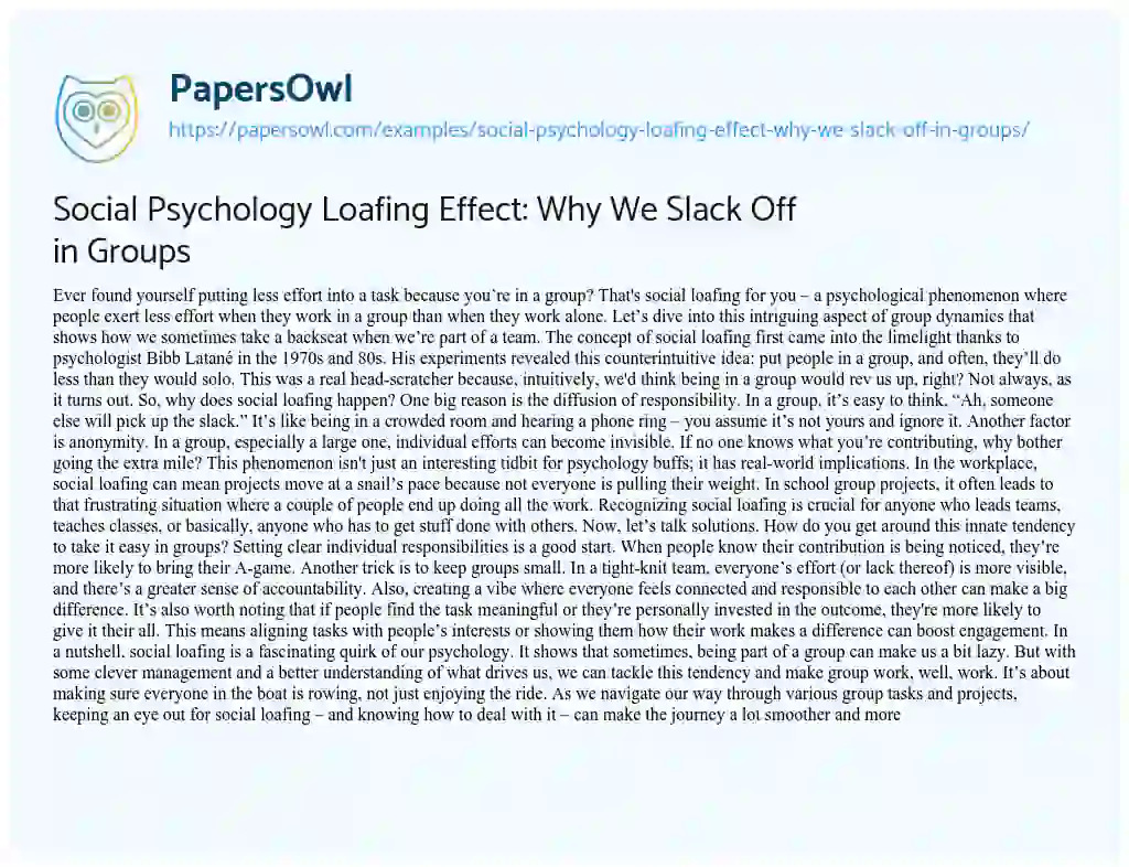 Essay on Social Psychology Loafing Effect: why we Slack off in Groups
