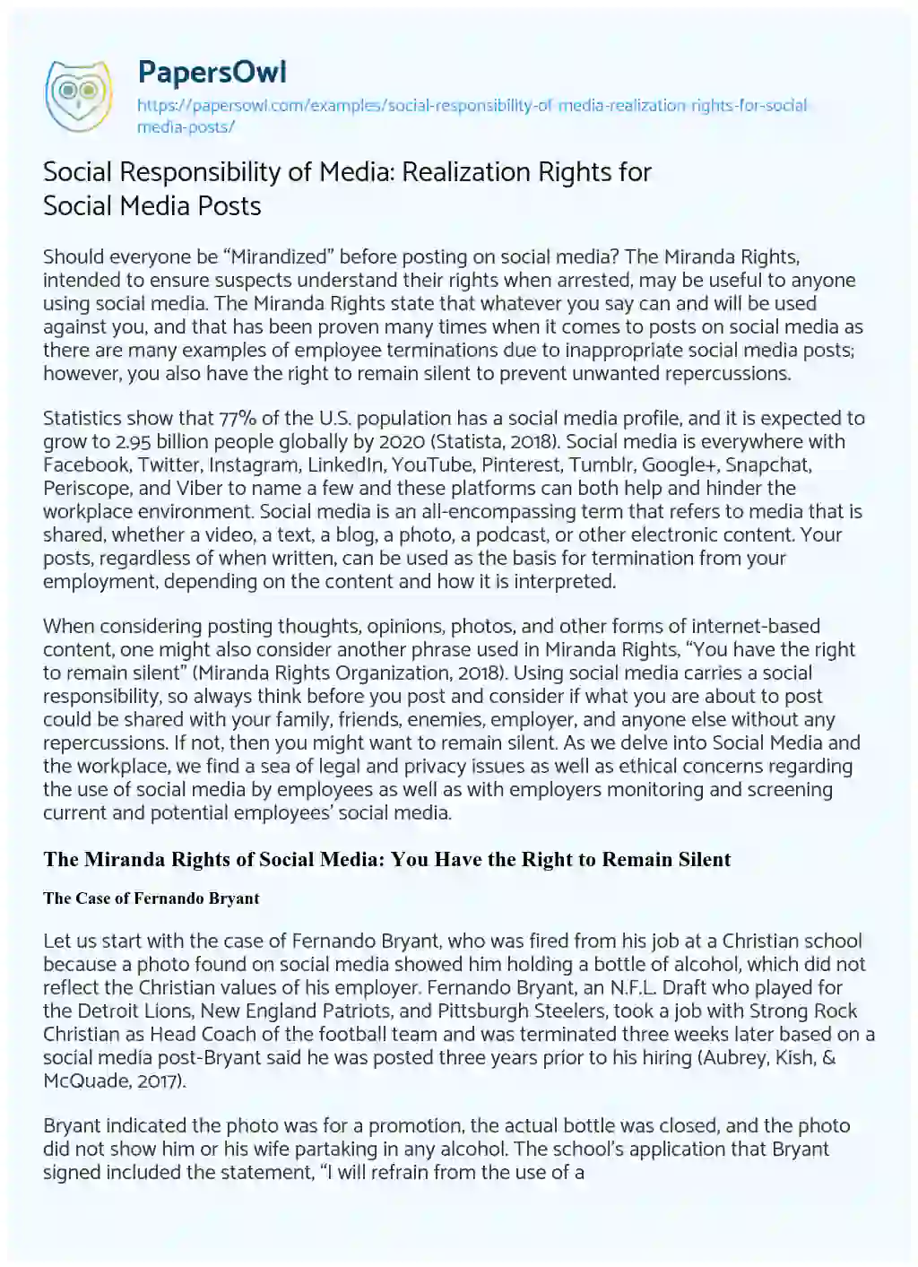 Essay on Social Responsibility of Media: Realization Rights for Social Media Posts