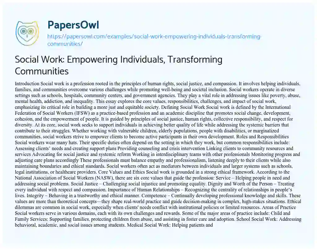 Essay on Social Work: Empowering Individuals, Transforming Communities