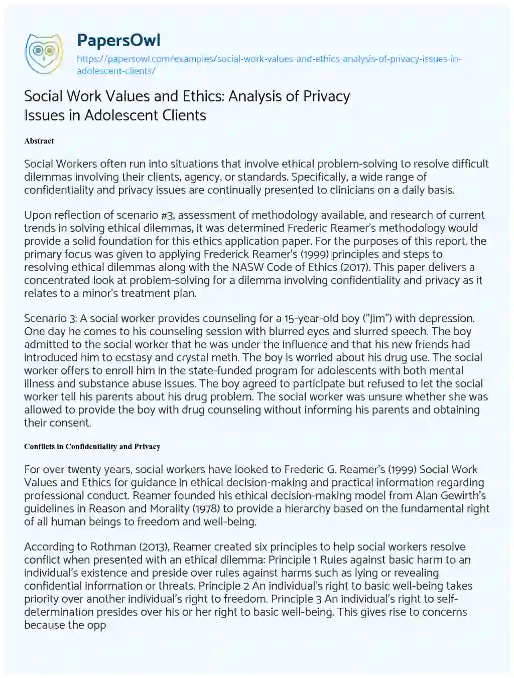 Essay on Social Work Values and Ethics: Analysis of Privacy Issues in Adolescent Clients
