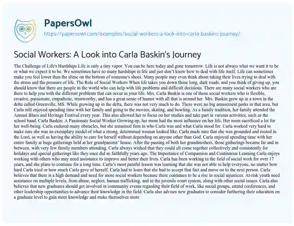 Essay on Social Workers: a Look into Carla Baskin’s Journey