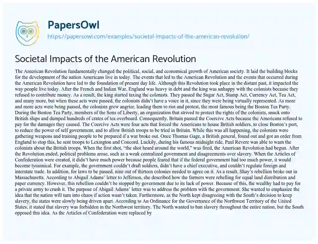 Societal Impacts of the American Revolution essay