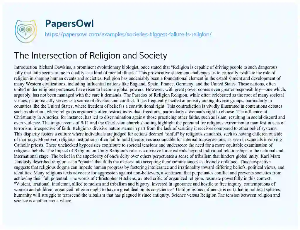 Essay on Societies Biggest Failure is Religion