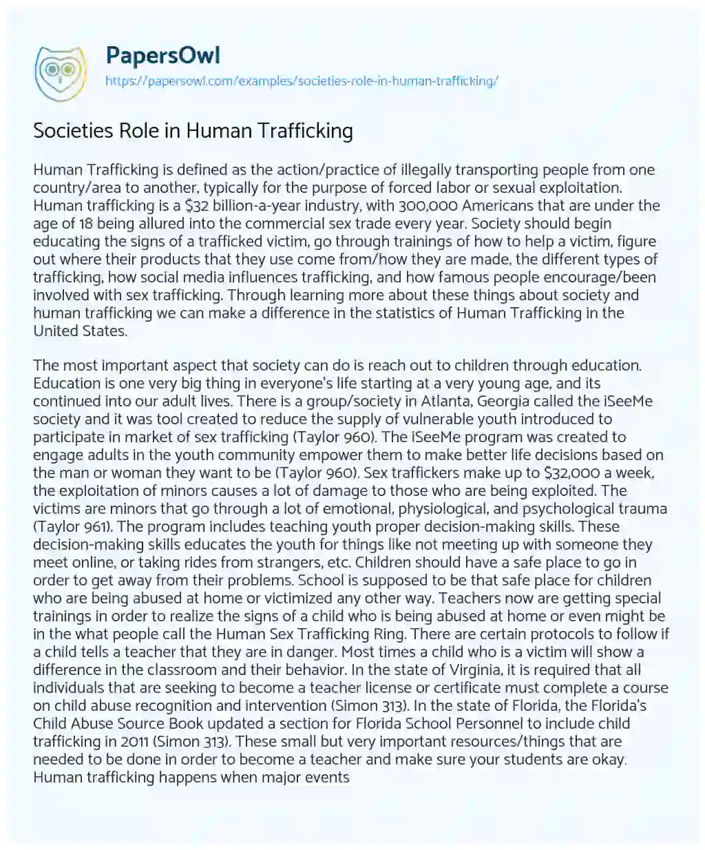 Essay on Societies Role in Human Trafficking