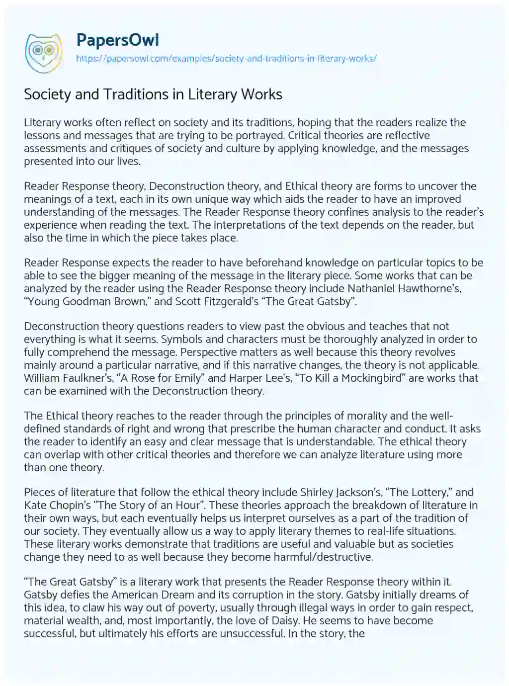 Essay on Society and Traditions in Literary Works