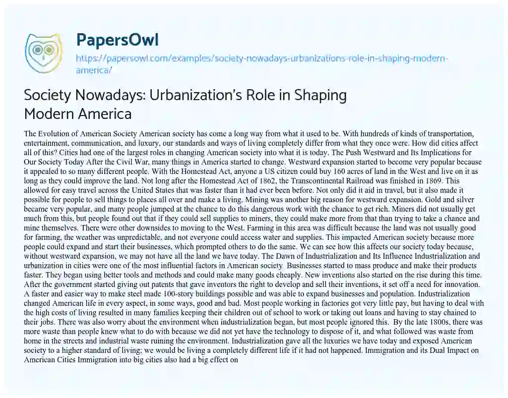 Essay on Society Nowadays: Urbanization’s Role in Shaping Modern America