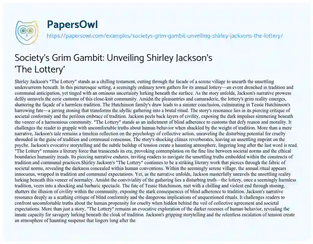 Essay on Society’s Grim Gambit: Unveiling Shirley Jackson’s ‘The Lottery’