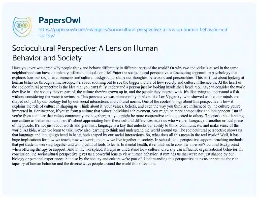 Essay on Sociocultural Perspective: a Lens on Human Behavior and Society
