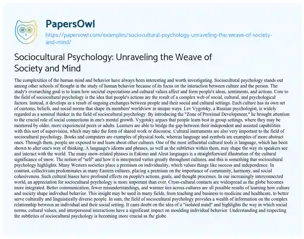 Essay on Sociocultural Psychology: Unraveling the Weave of Society and Mind