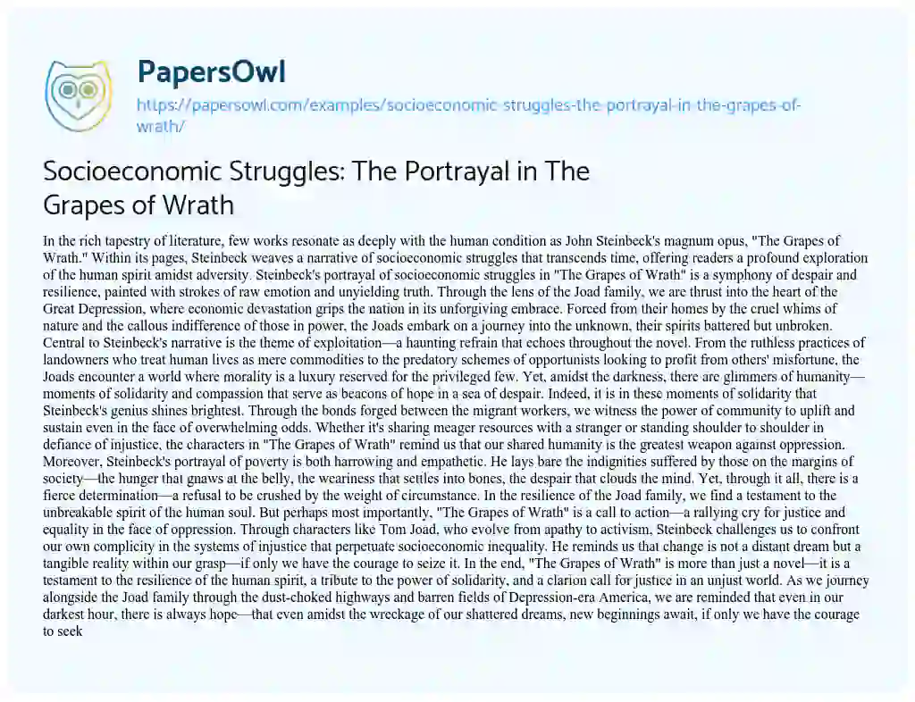 Essay on Socioeconomic Struggles: the Portrayal in the Grapes of Wrath