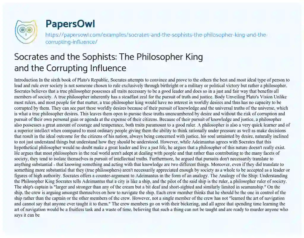 Essay on Socrates and the Sophists: the Philosopher King and the Corrupting Influence