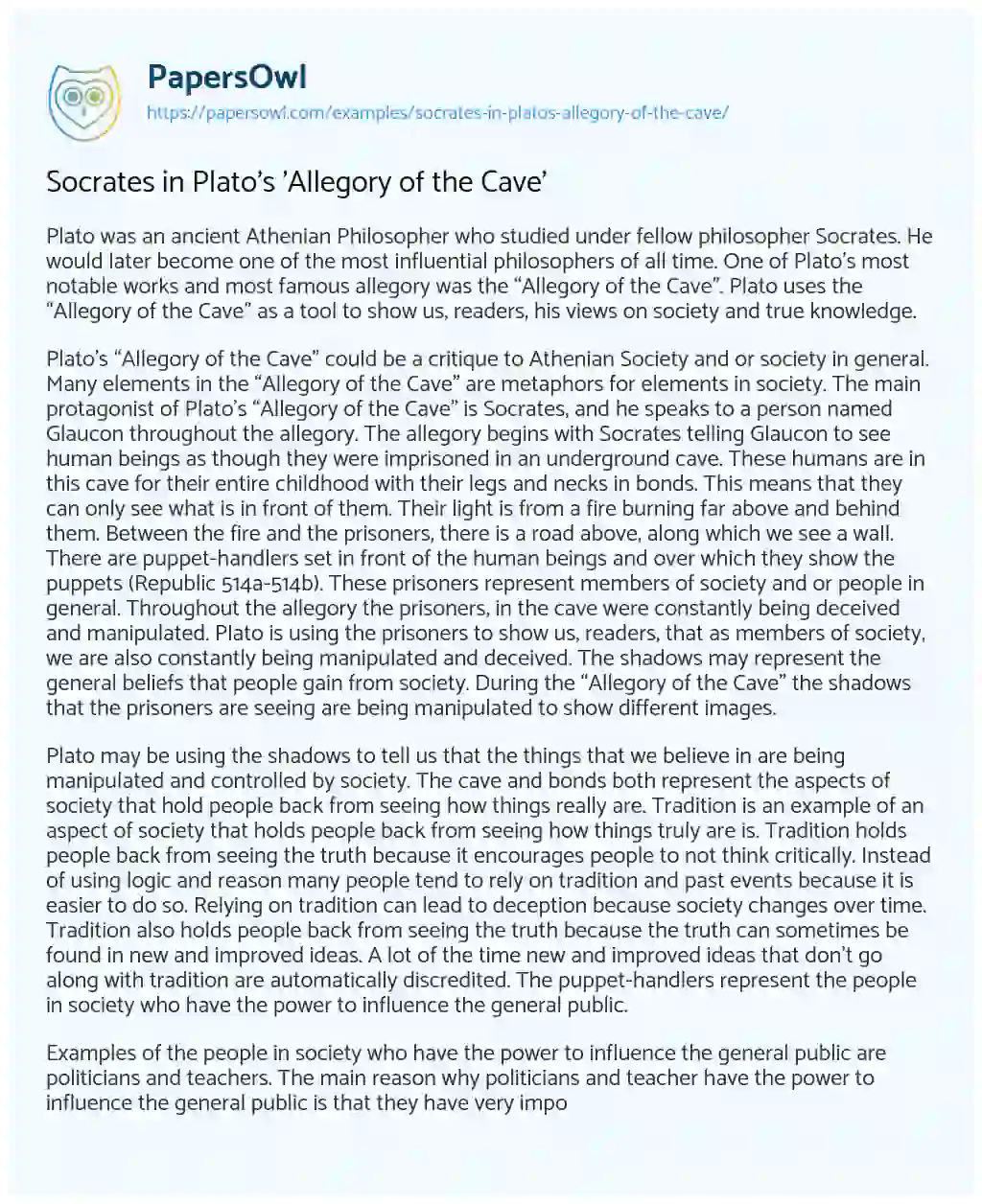 Essay on Socrates in Plato’s ‘Allegory of the Cave’