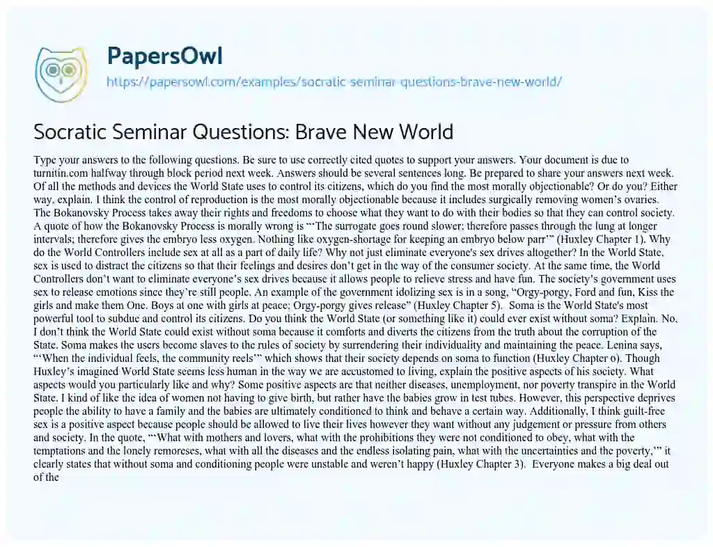 Essay on Socratic Seminar Questions: Brave New World
