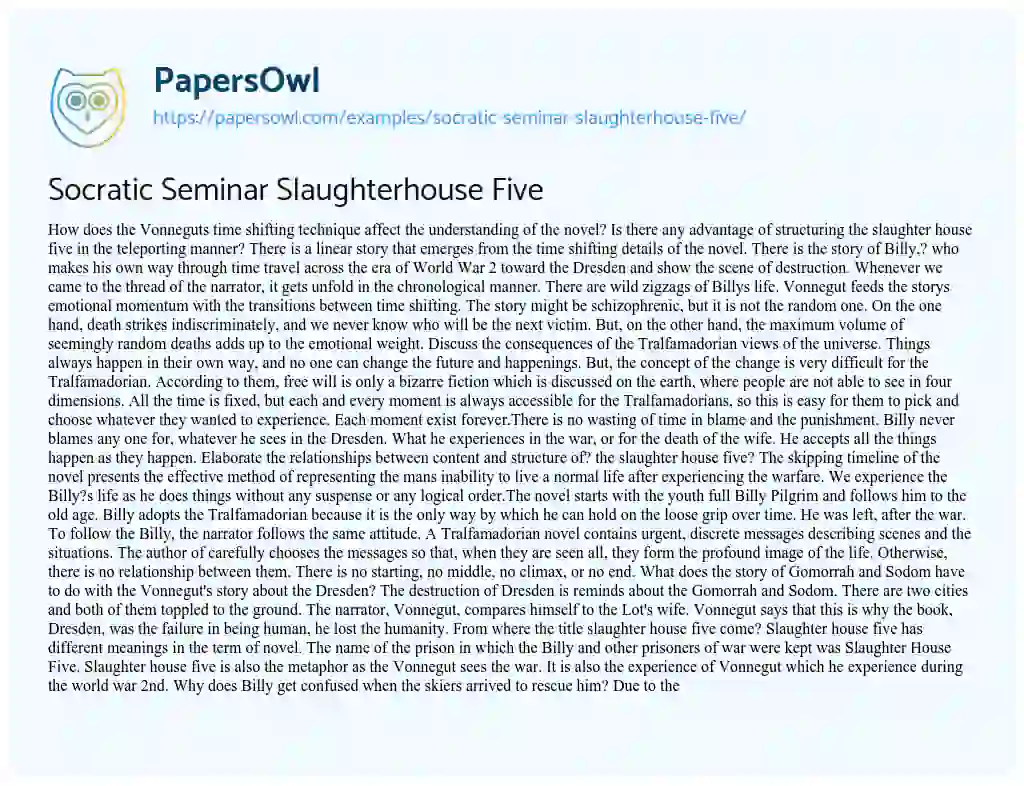 Essay on Socratic Seminar Slaughterhouse Five