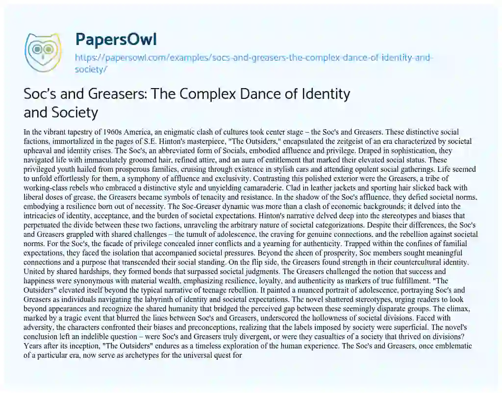 Essay on Soc’s and Greasers: the Complex Dance of Identity and Society