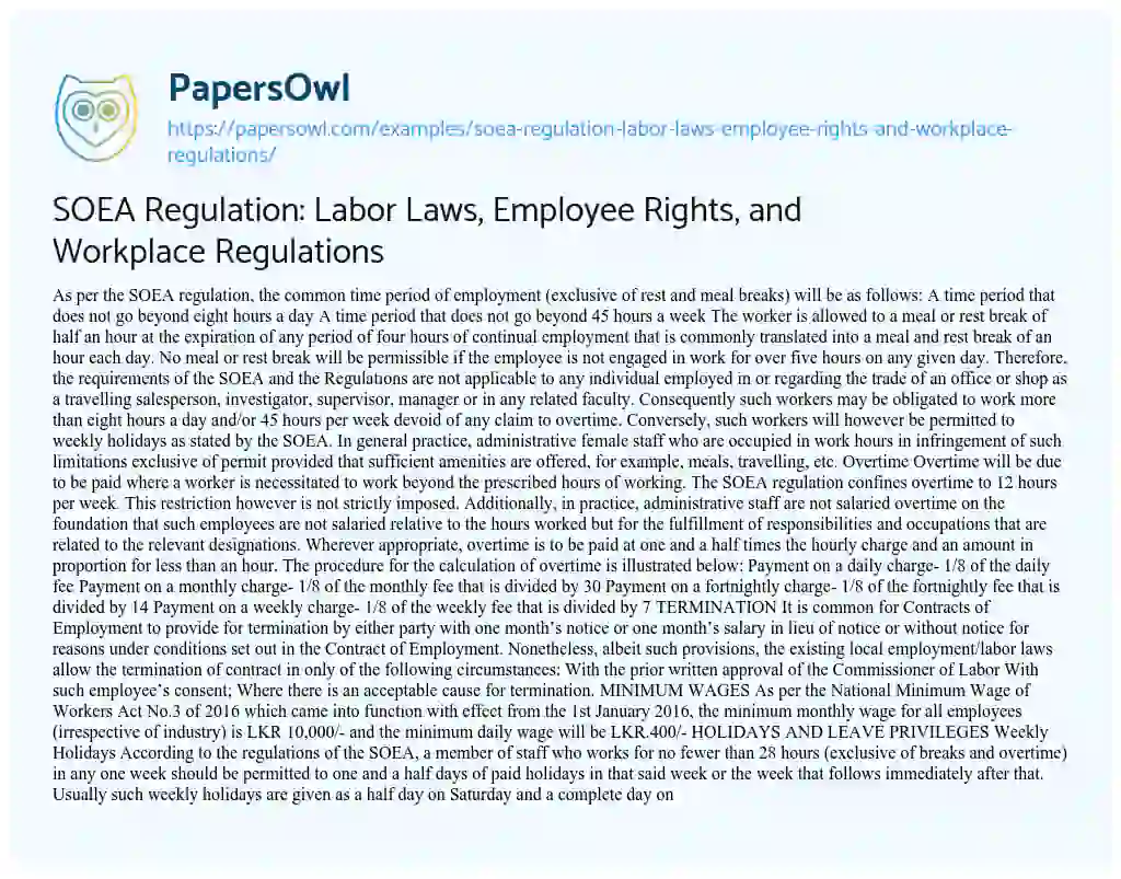 Essay on SOEA Regulation: Labor Laws, Employee Rights, and Workplace Regulations
