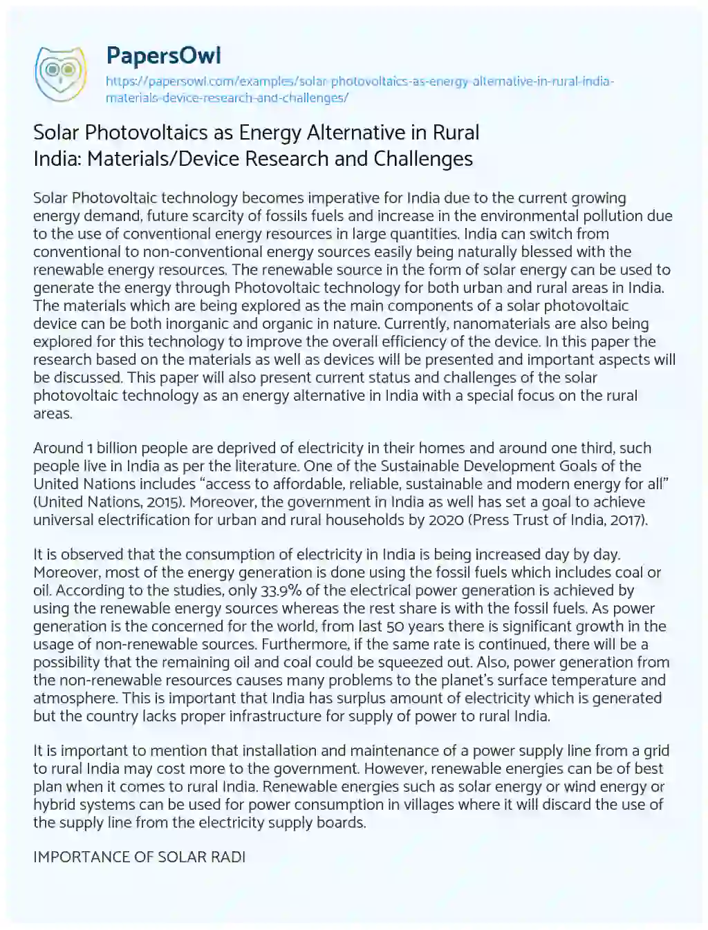 Essay on Solar Photovoltaics as Energy Alternative in Rural India: Materials/Device Research and Challenges