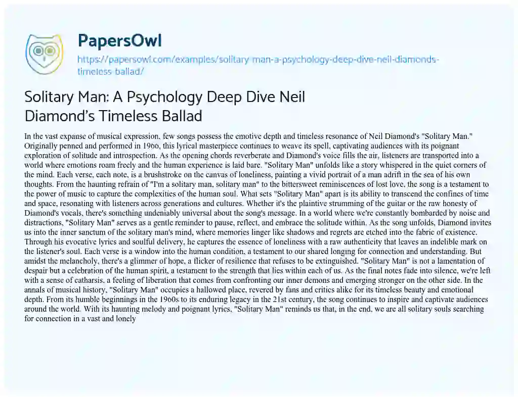 Essay on Solitary Man: a Psychology Deep Dive Neil Diamond’s Timeless Ballad