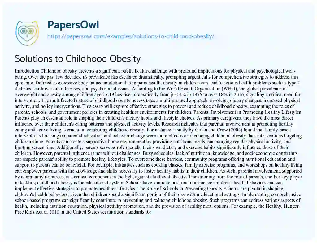 Essay on Solutions to Childhood Obesity
