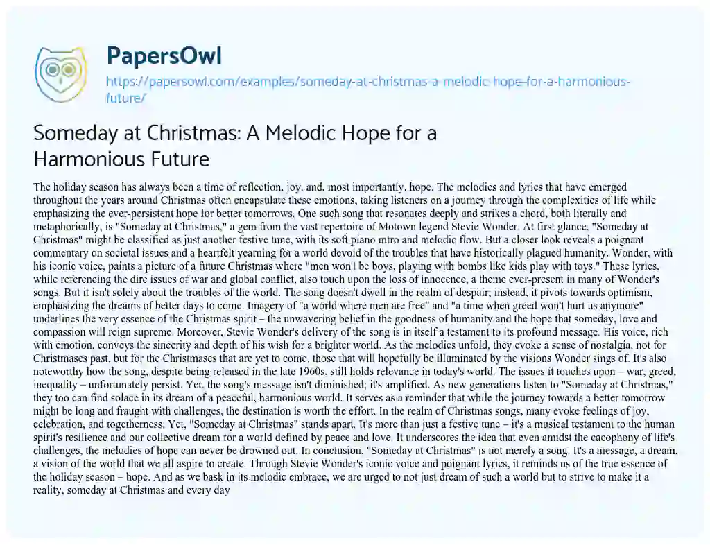 Essay on Someday at Christmas: a Melodic Hope for a Harmonious Future