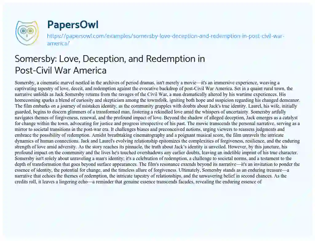 Essay on Somersby: Love, Deception, and Redemption in Post-Civil War America