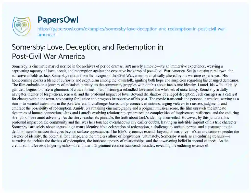 Somersby: Love, Deception, and Redemption in Post-Civil War America ...