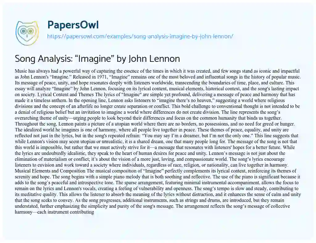 Essay on Song Analysis: “Imagine” by John Lennon