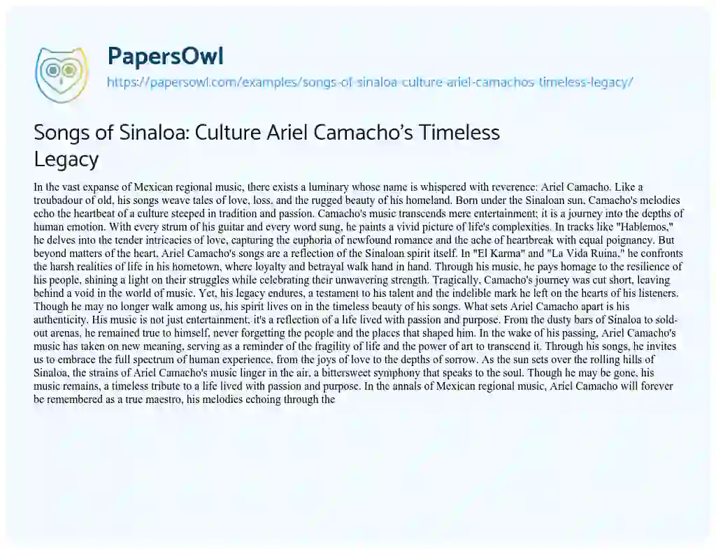 Essay on Songs of Sinaloa: Culture Ariel Camacho’s Timeless Legacy